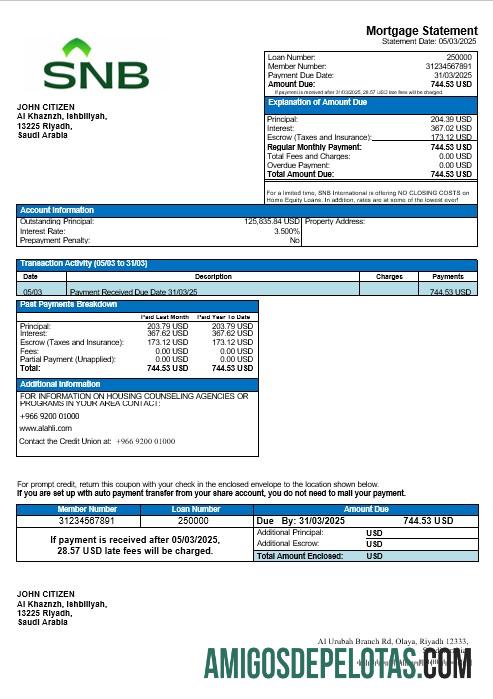 Declaração de hipoteca do Banco Nacional Saudita da Arábia Saudita em formatos Word e PDF amostra